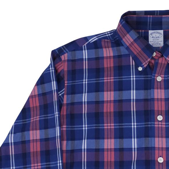 Brooks Brothers Shirt Mens Large Blue Pink Plaid Long Sleeve Regent Supima - Picture 2 of 12
